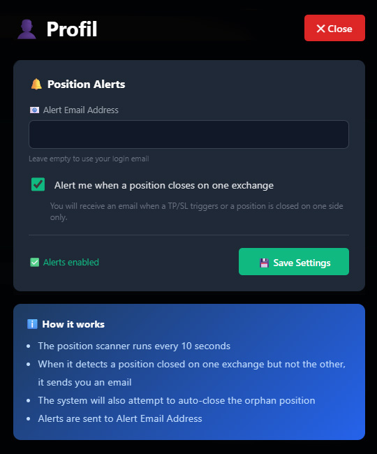 Profile alerts and auto-close settings